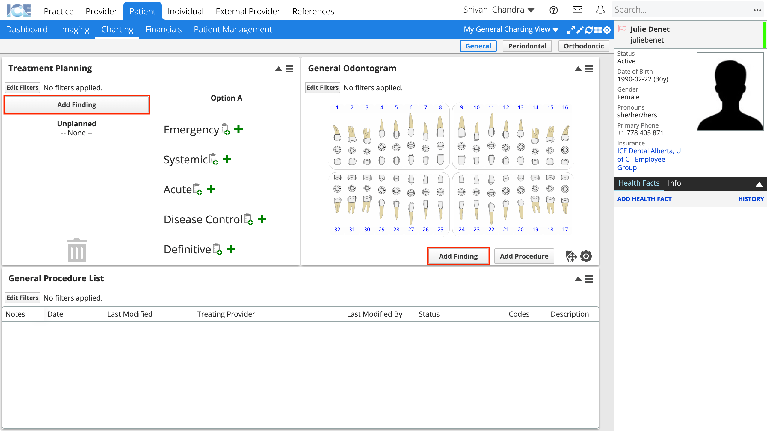 Top left of the treatment planning panel. Bottom right of the odontogram panel.