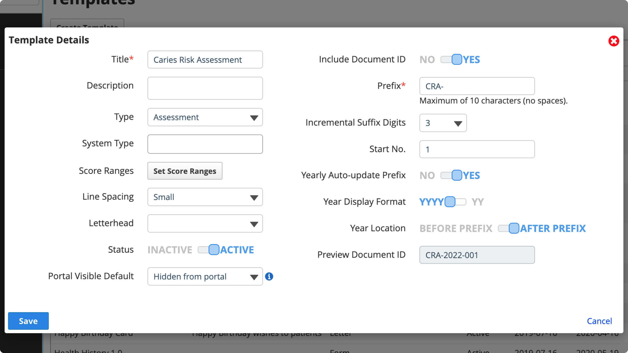 Document ID configuration options appear on the right side of the dialog when you set Include Document ID to Yes.