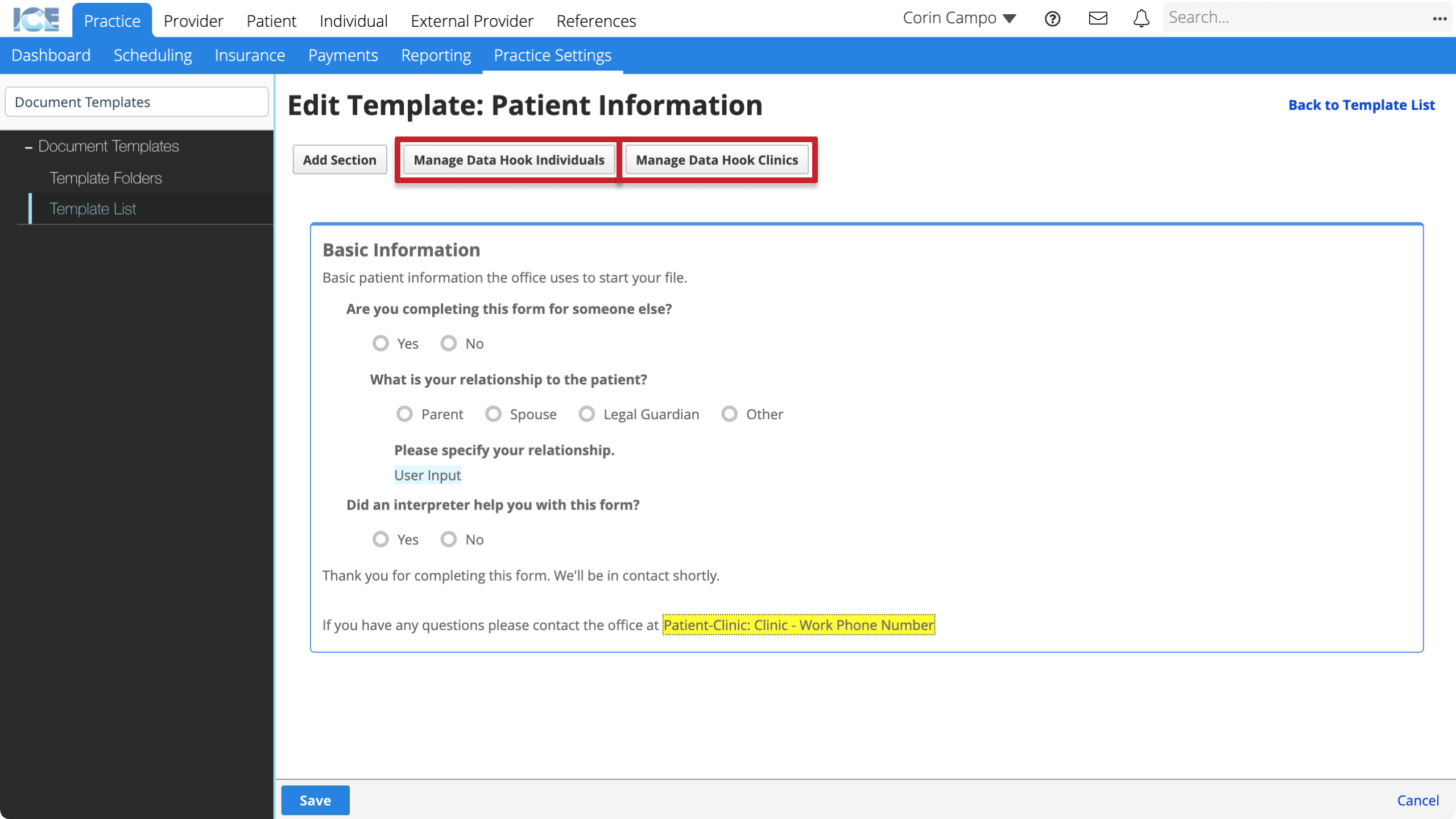 Manage data hook individuals is the second button in the top left corner of the workspace. Manage data hook clinics is the third.