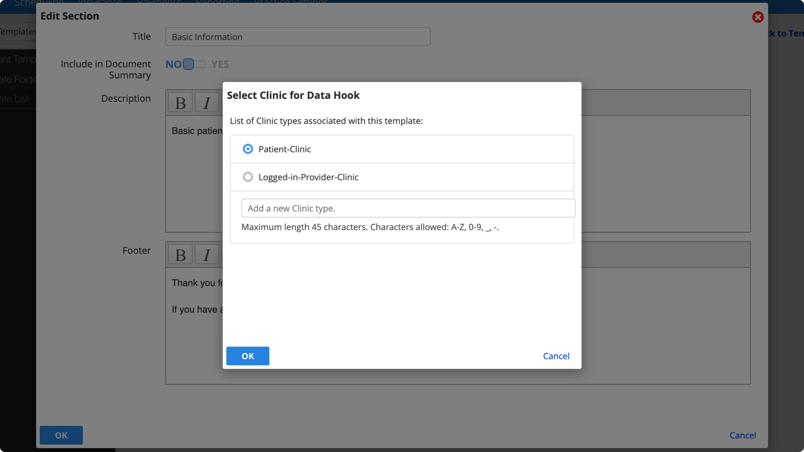 Patient-Clinic and Logged-in-Provider-Clinic appear first in the list as defaults.