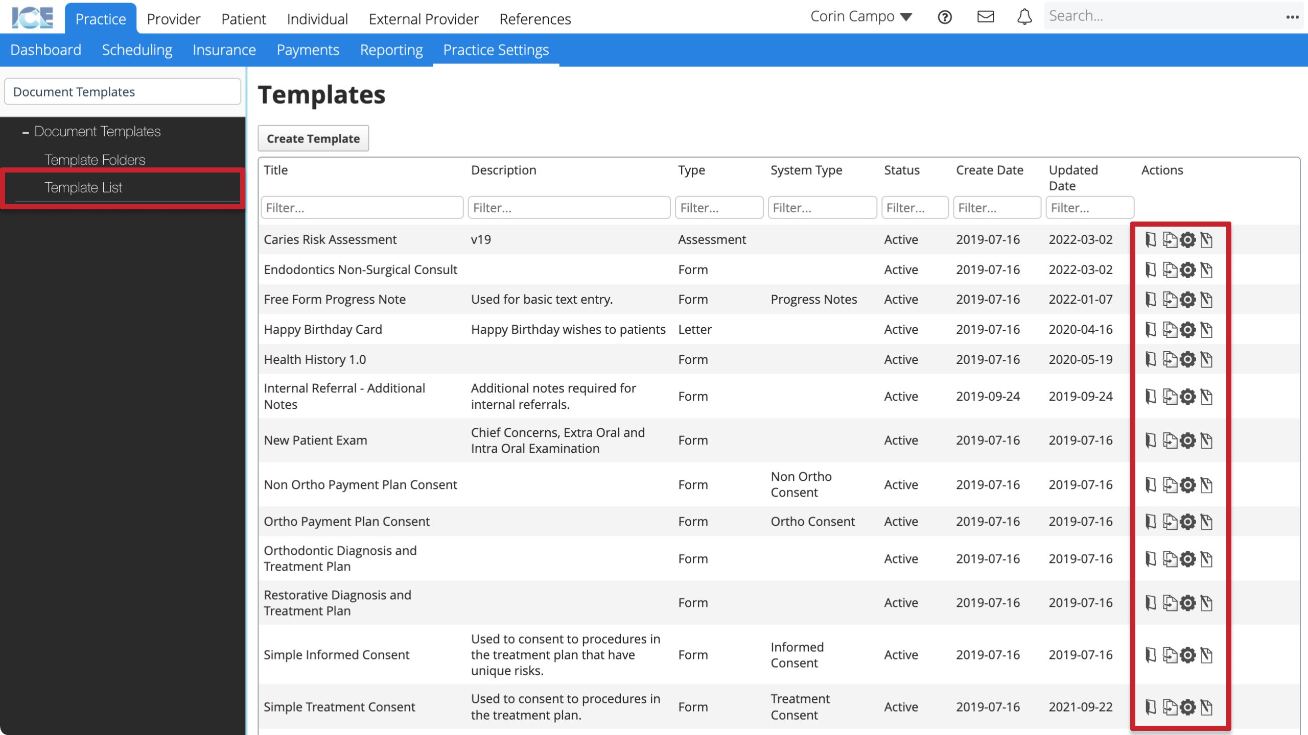 The actions column on the right contains icon buttons for each template entry.