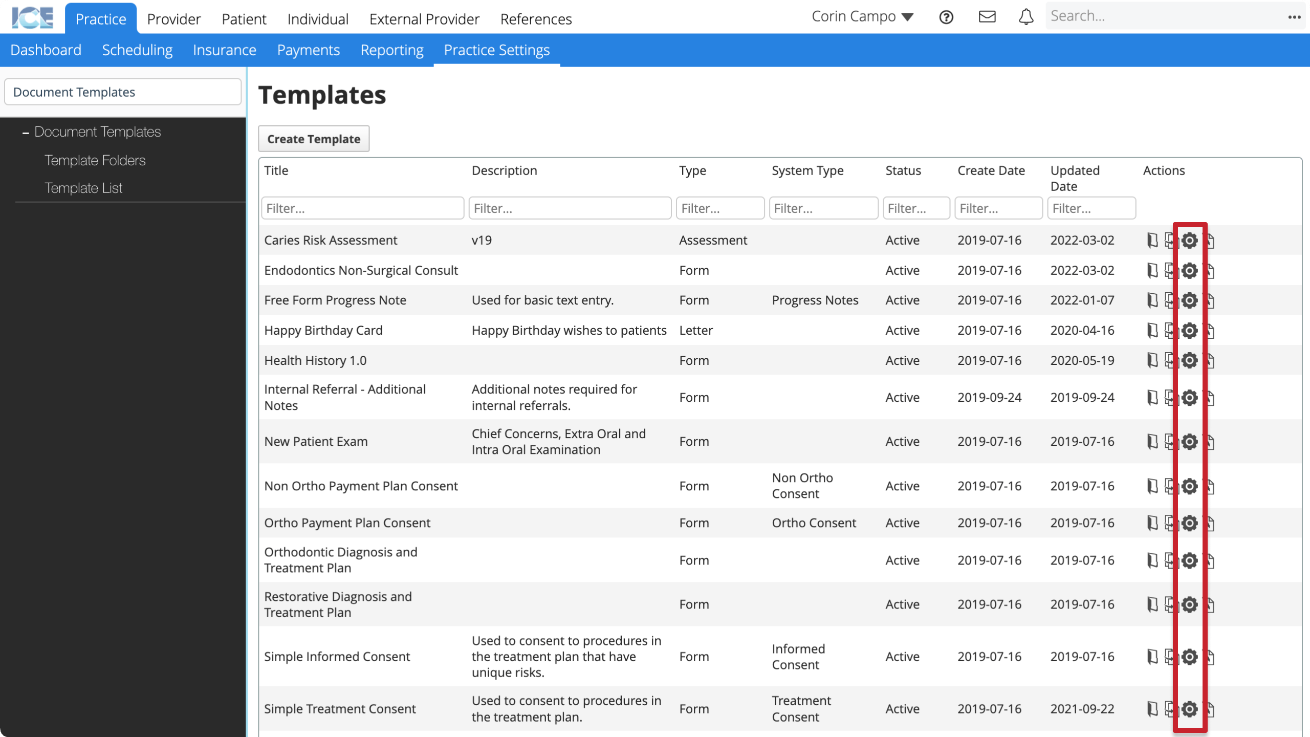 The actions column is the far right column.