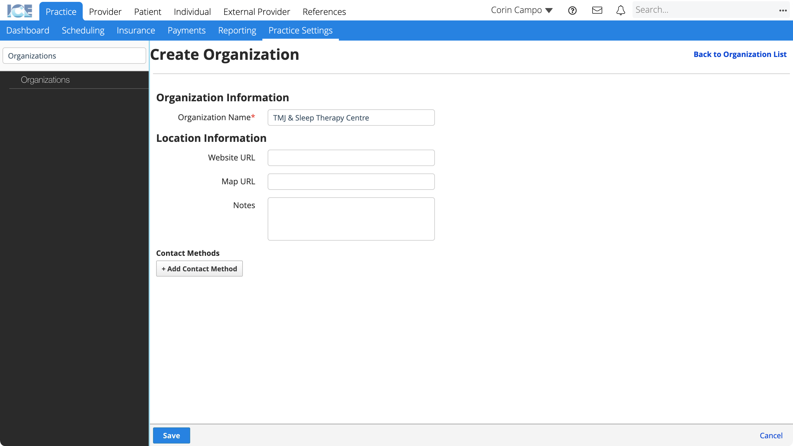 Organization name is the first field and only required field.