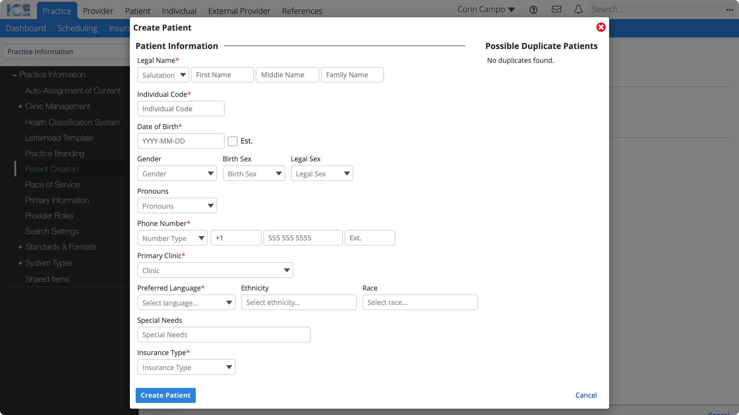 The configured create patient dialog is much taller than the default. It shows new custom fields for Insurance Type and Special Needs. And now the Phone, Primary Clinic, Preferred Language, and Insurance Type fields have a red asterisk required field indicator beside their name.