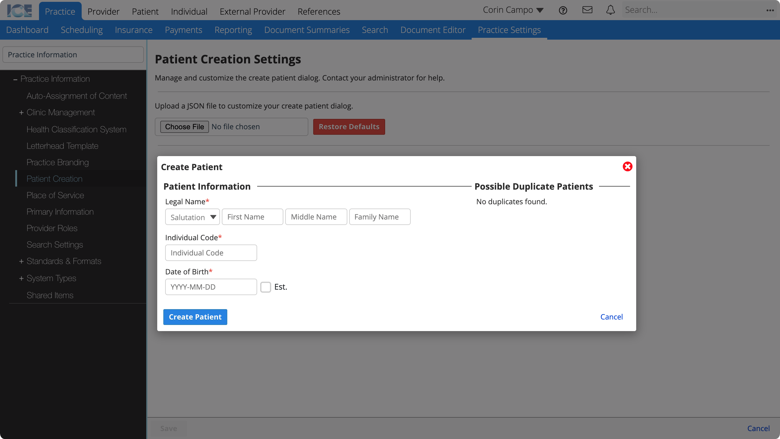 The new create patient dialog is much shorter than the default. It only has name, code, and date of birth fields based on the sample JSON.