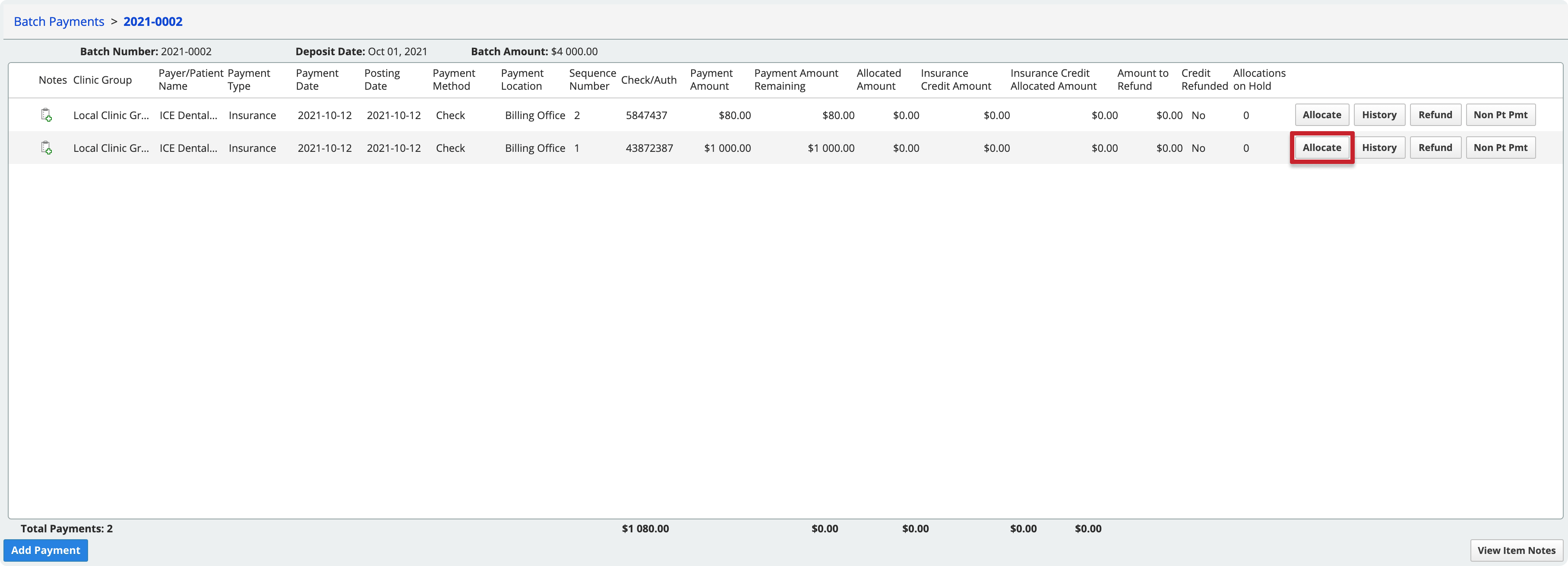 The Allocate button is on the far right of the table for each payment line.