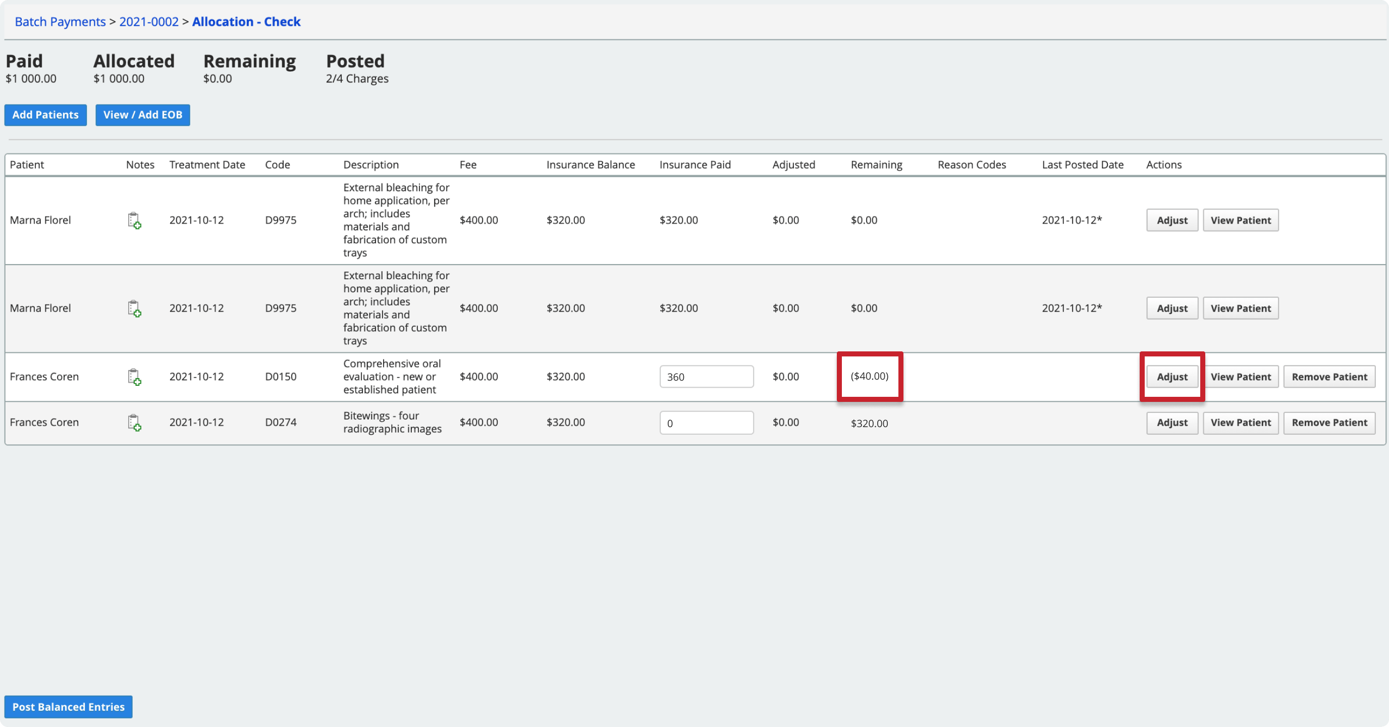 The Adjust button is on the far right of the table for each payment line. To find overpaid lines that need to be adjusted, look for negative remaining amounts.