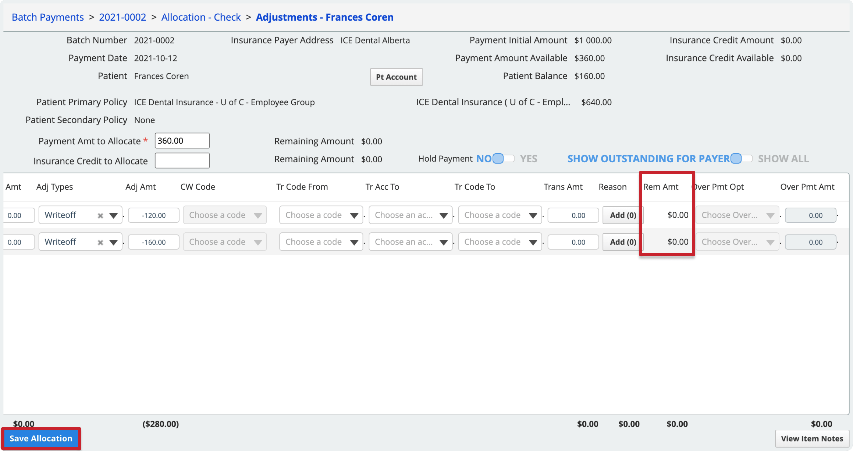 The Remaining Amount column is on the far right of each charge line. The Save Allocation button is in the bottom left.