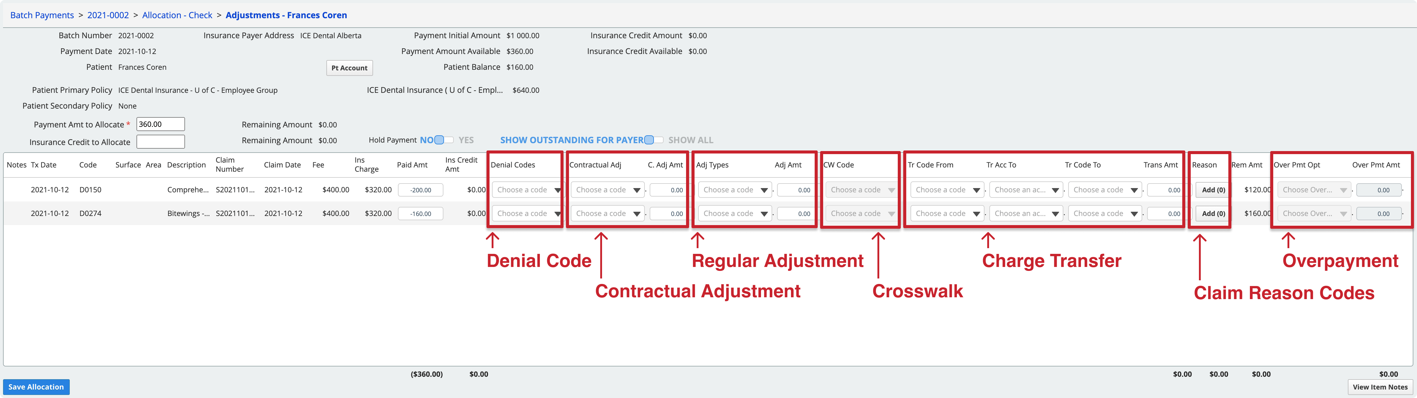 The adjustment tools are available on the right half of the adjustment view for each charge line.