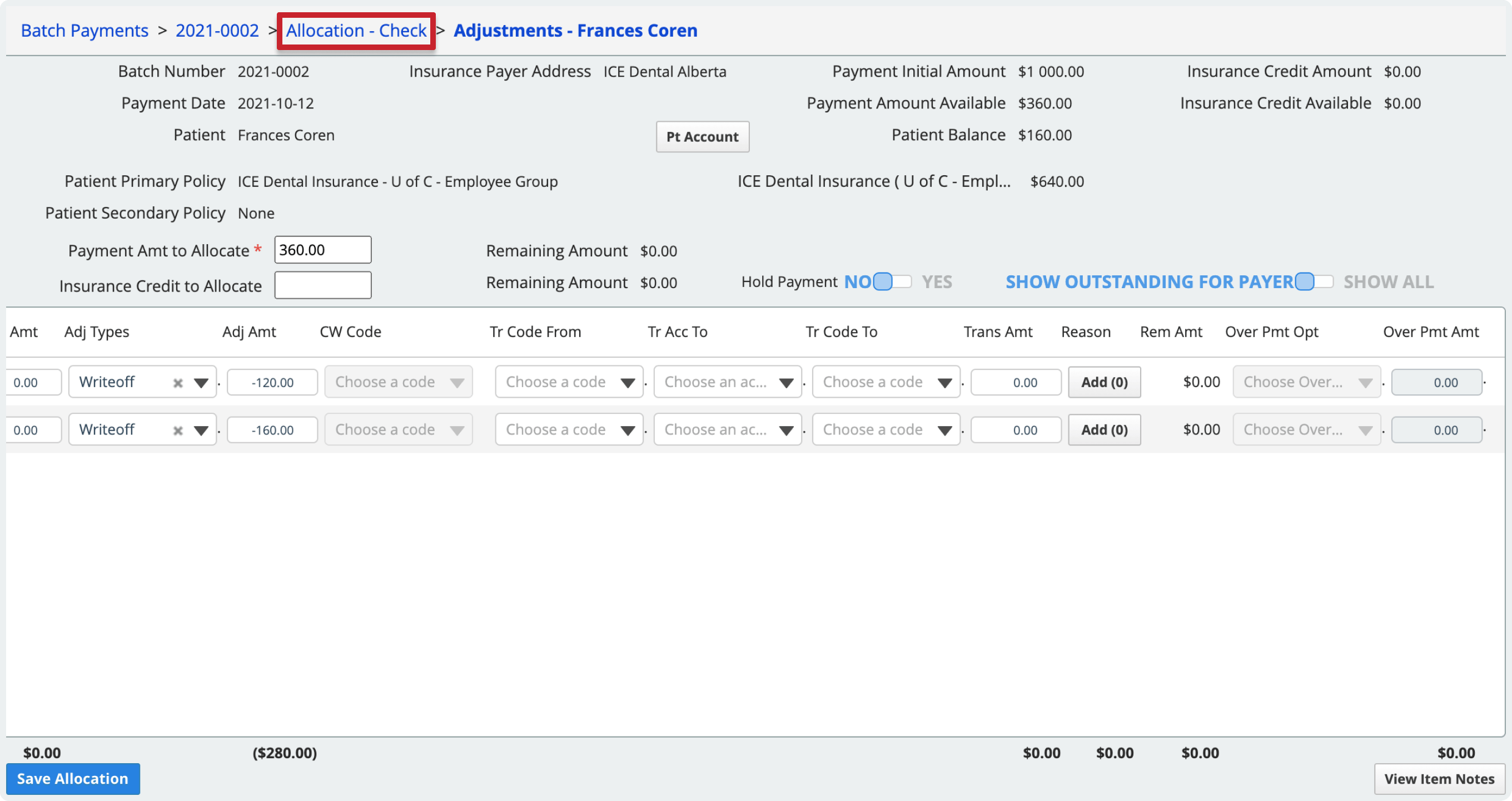 The Allocation view link is the third item in the breadcrumb trail.