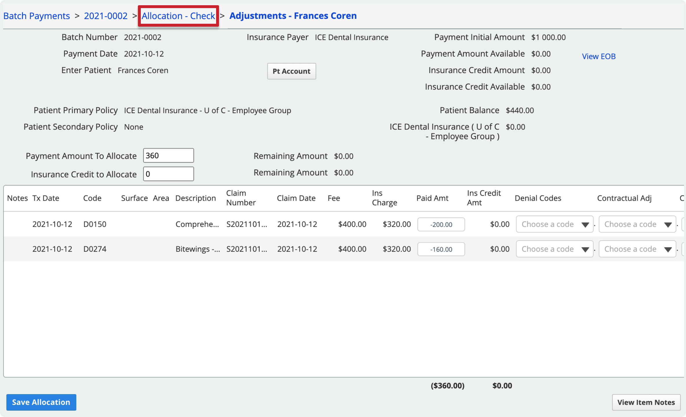 The Allocation view link is the third item in the breadcrumb trail.