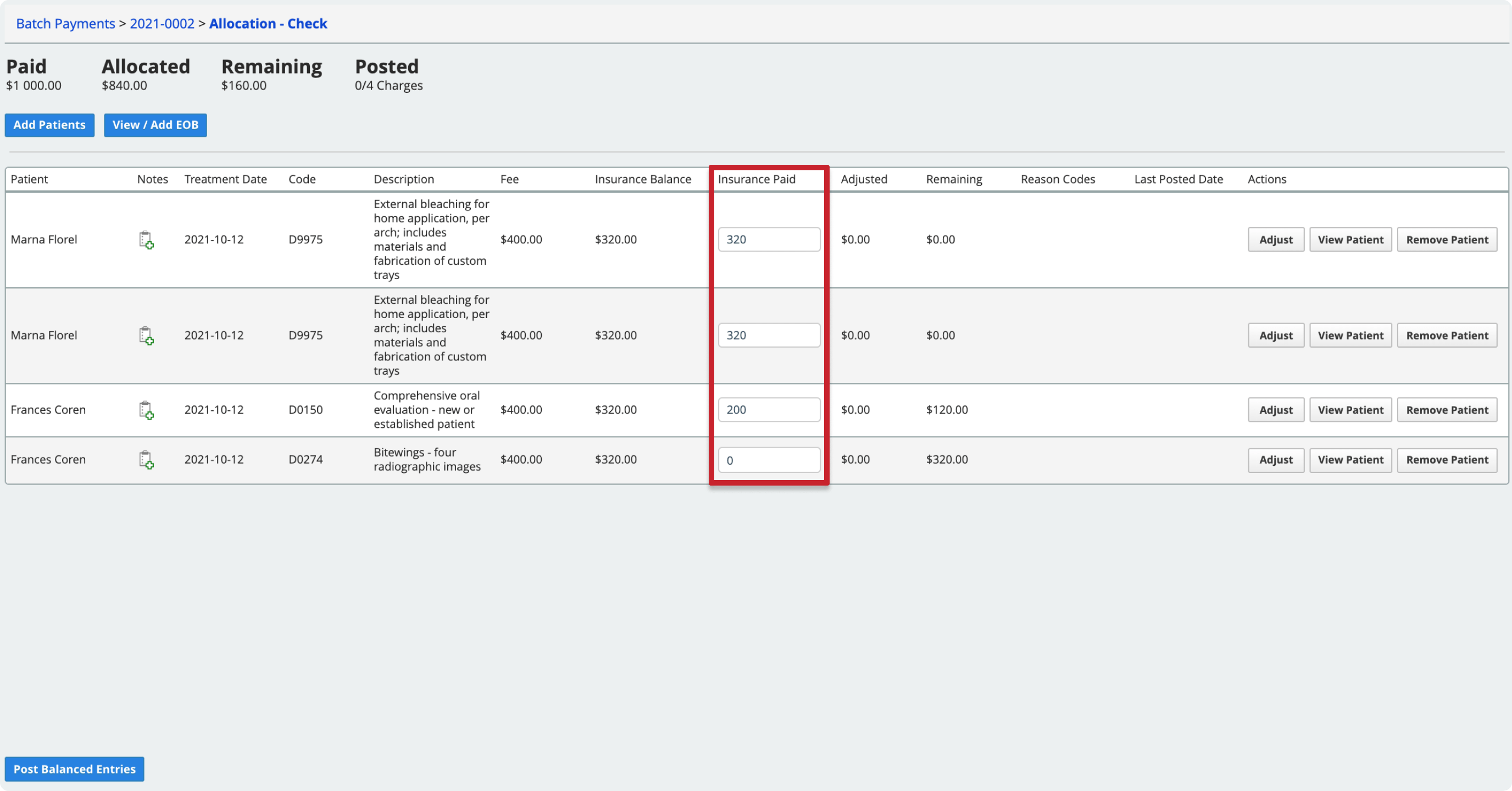 Each line has an insurance paid field you can enter amounts into.