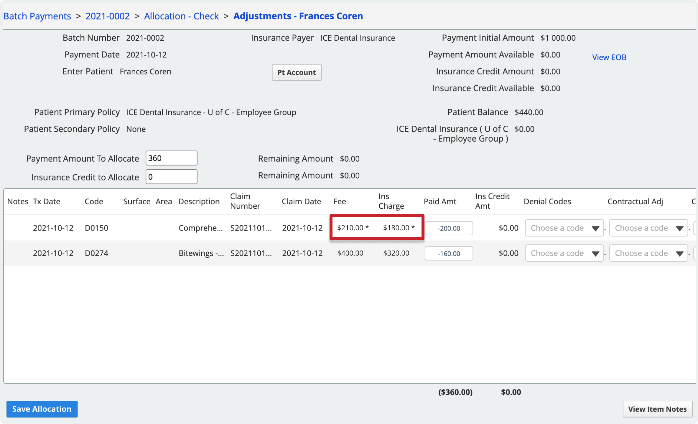 The asterisk appears to the right of the Fee amount and the Insurance Charge amount on a line.