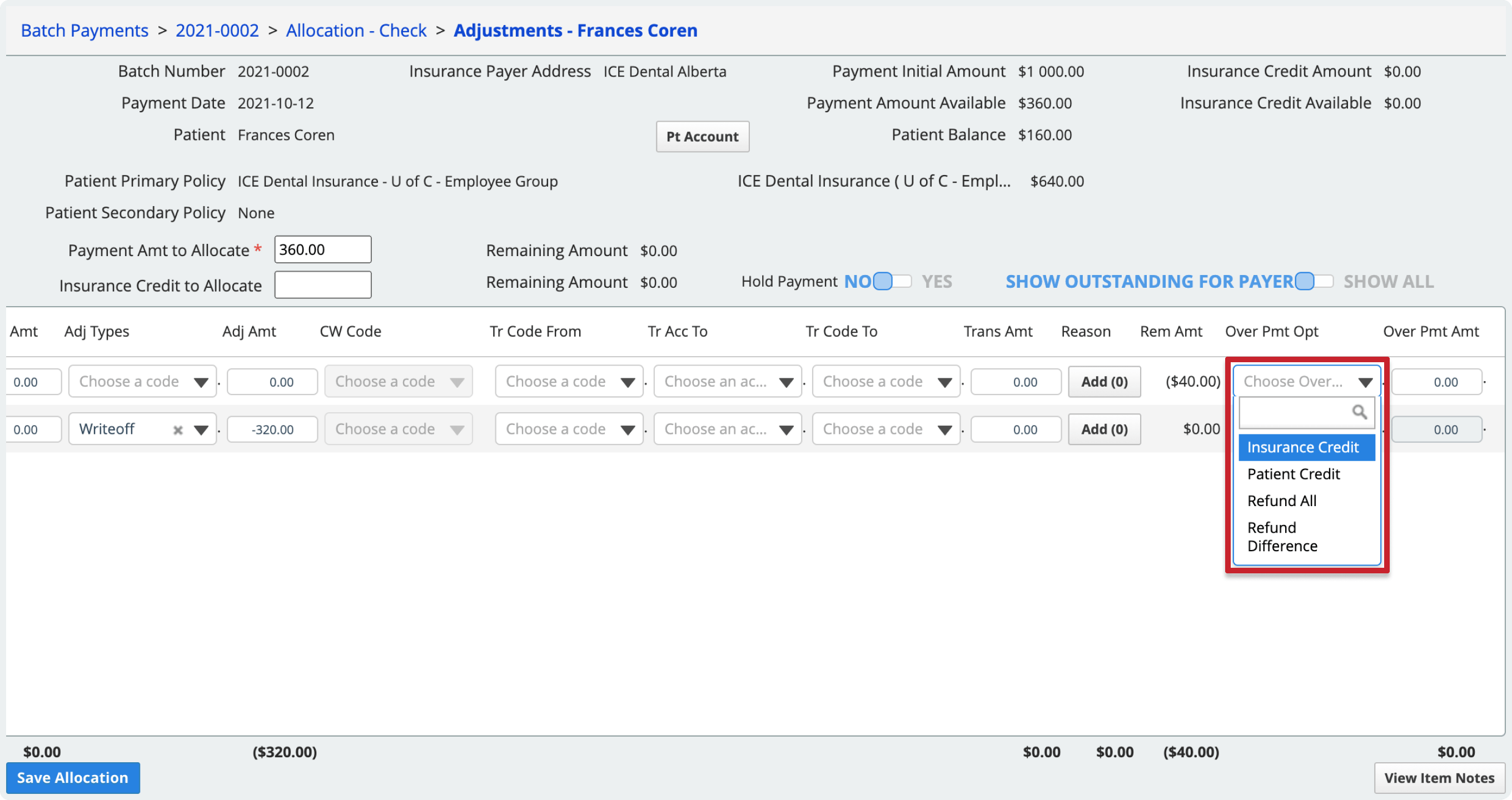 The overpayment adjustment tools are available on the far right of the table for each charge line.