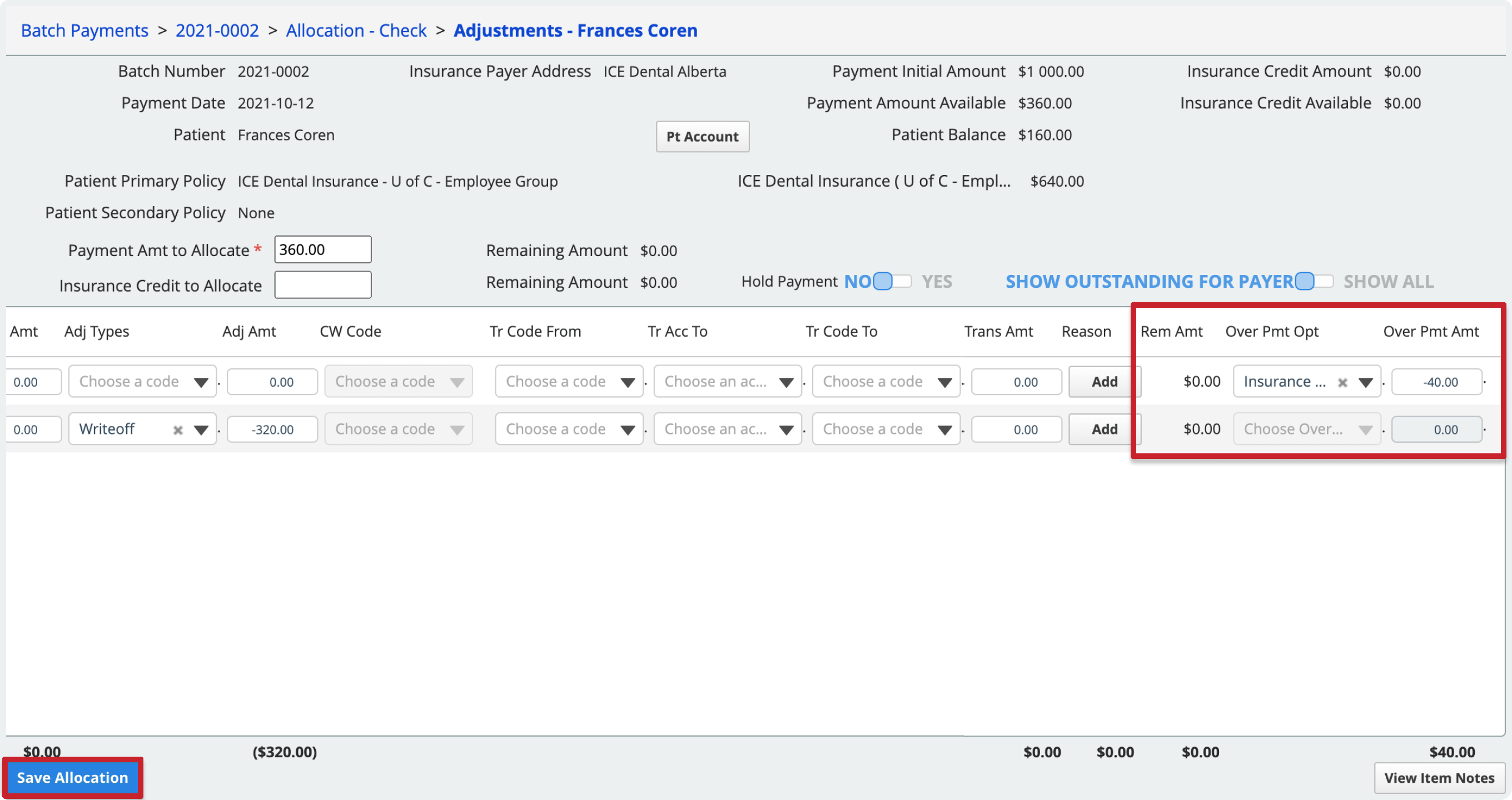 The Remaining Amount column is to the left of the overpayment adjustment tools for each charge line. The Save Allocation button is in the bottom left.