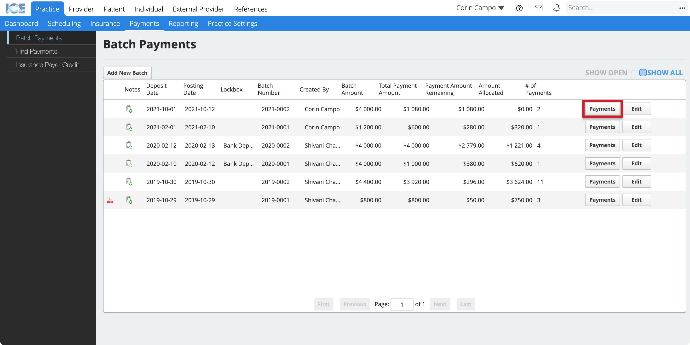 The Payments button is on the far right of the table for each batch line.