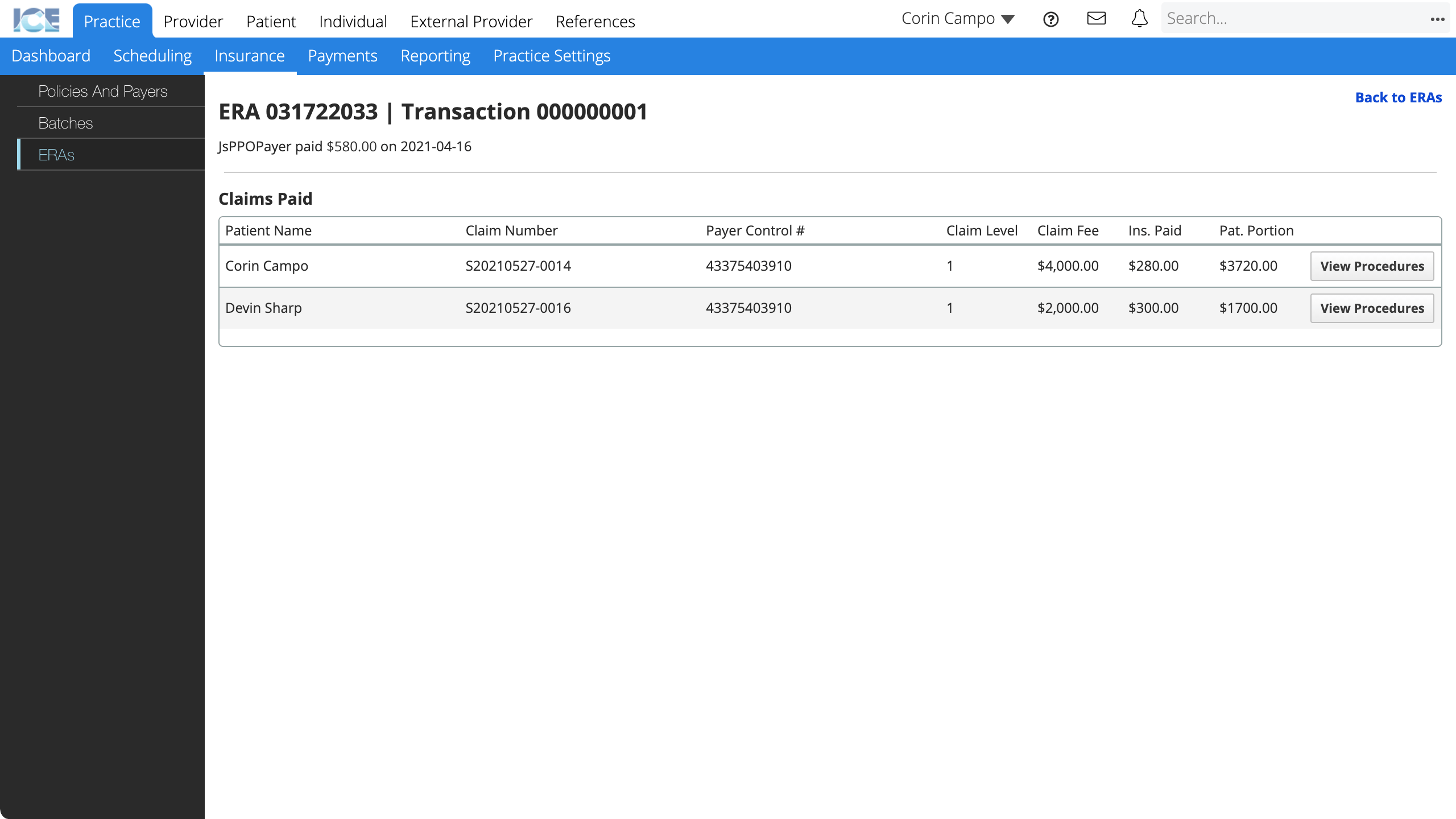 The Claims Paid table appears and shows patient name, claim number, with fee and paid amounts for each claim.