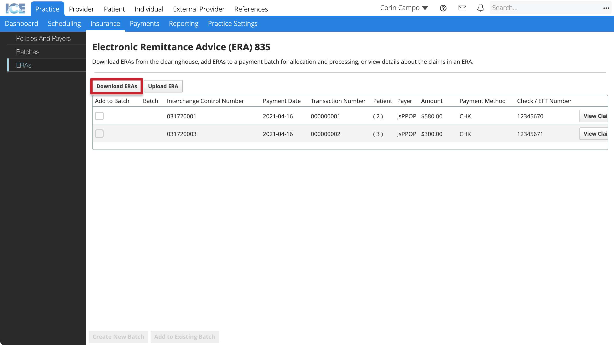 The Download ERAs button is in the top left corner above the data grid.