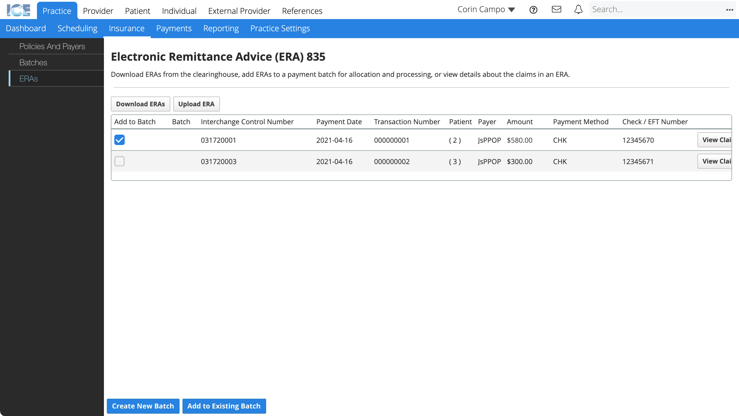 Each ERA payment line has a checkbox at the far left. The action buttons become active at the bottom left of the screen when you have at least one payment selected.