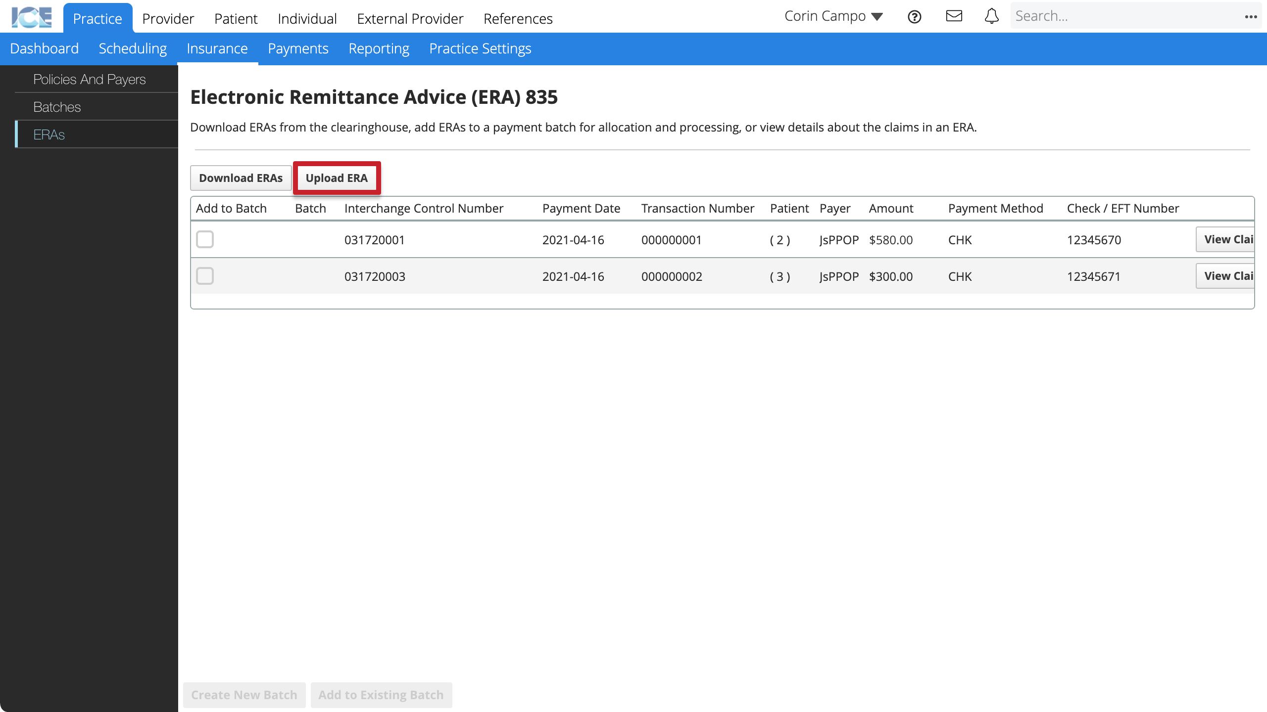 The Upload ERA button is in the top left corner above the data grid to the right of the Download ERAs button.