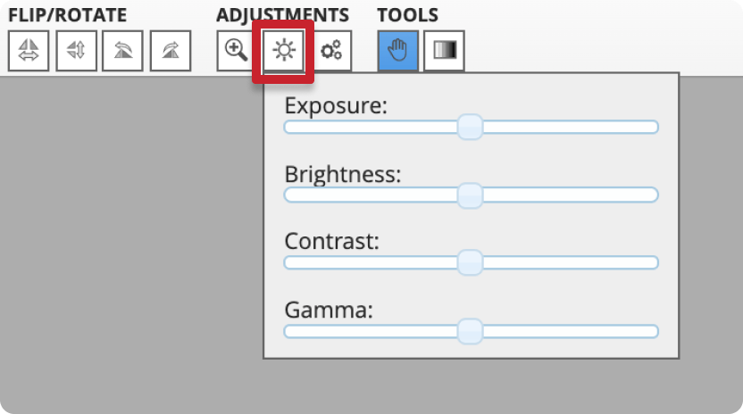 Hover the sun icon to see exposure, brightness, contrast, and gamma sliders.